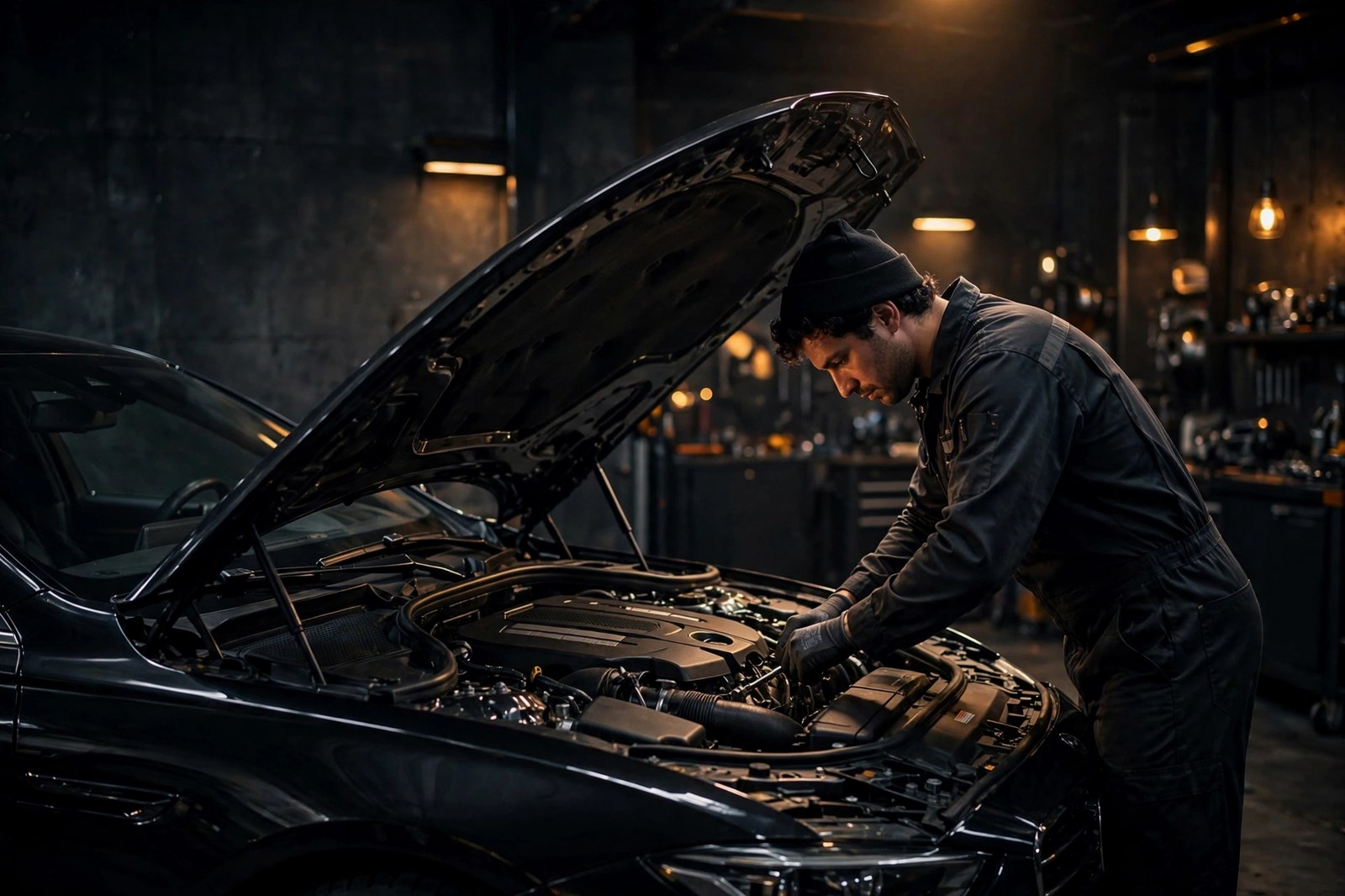 Mechanic working on a luxury car engine