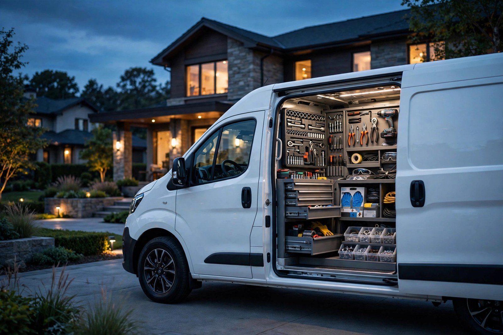 Mobile mechanic service van at a customer's home